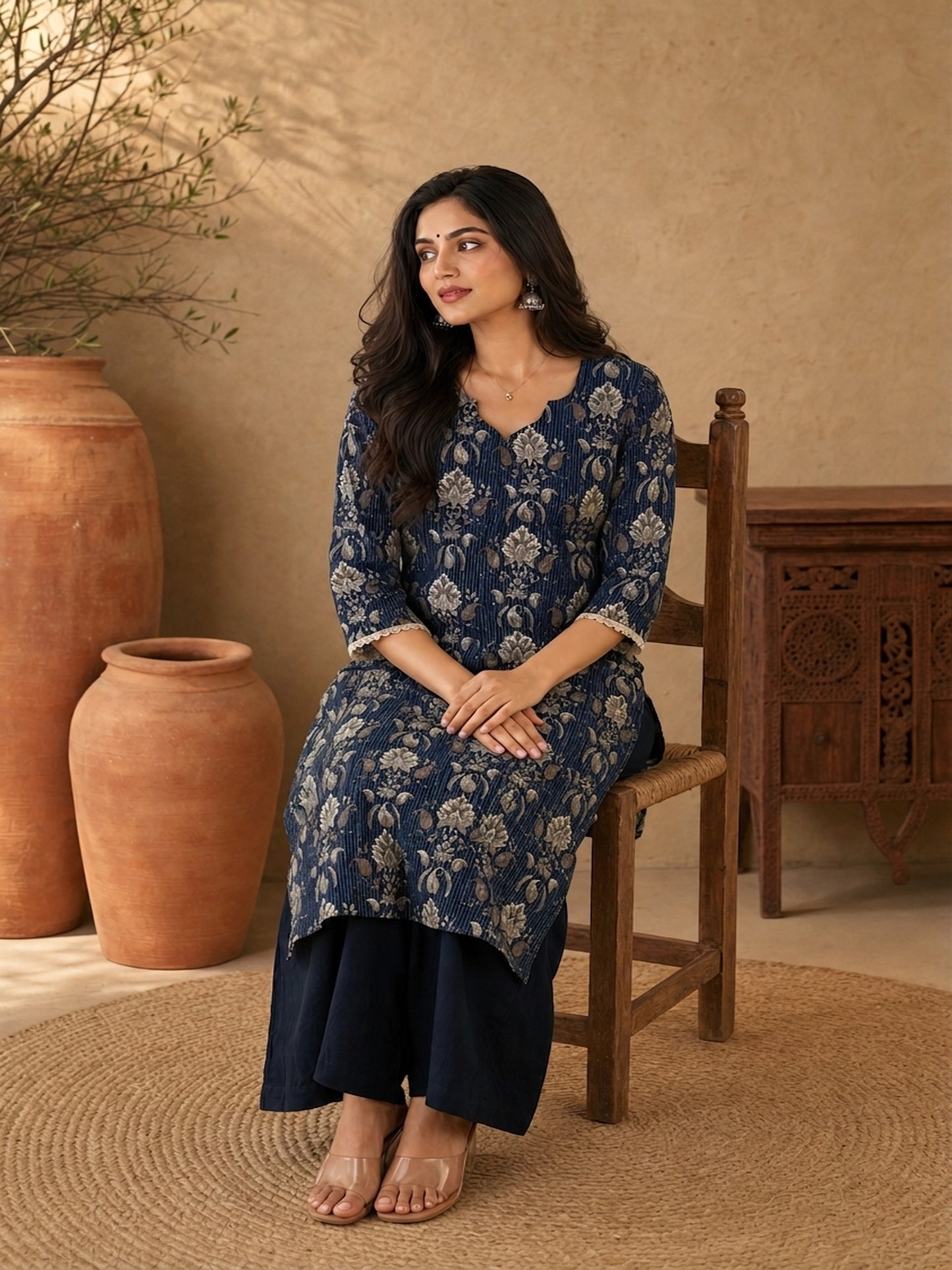 Navy Blue Kantha Printed Cotton Kurta with Asymmetric Neckline & Detailed Sleeves