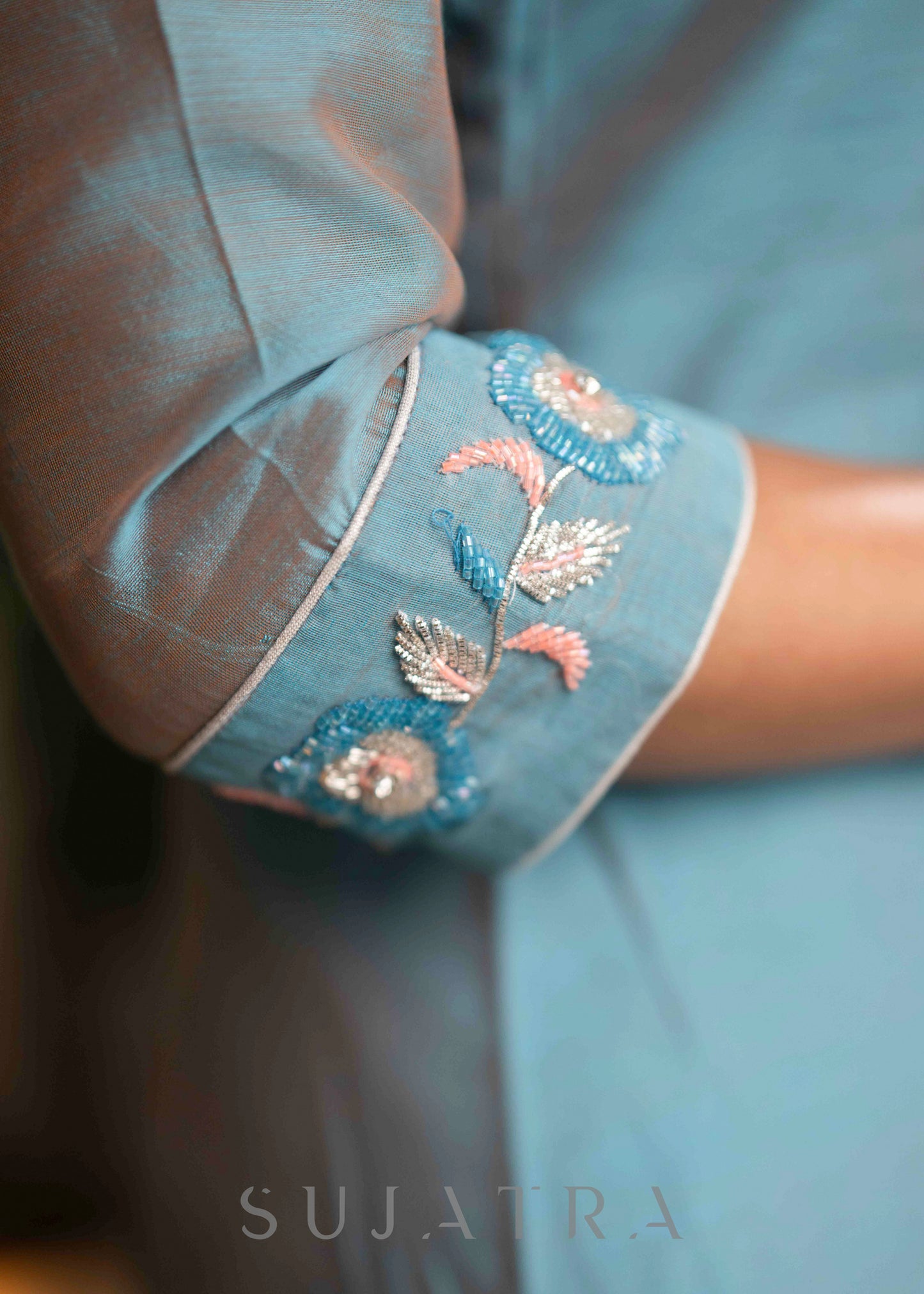 Beautiful Firozi Blue Chanderi Kurta With Glass Beadwork On Neckline & Sleeves