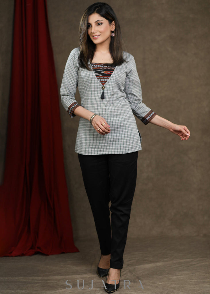 Casual Grey Top with Ikkat Detailing