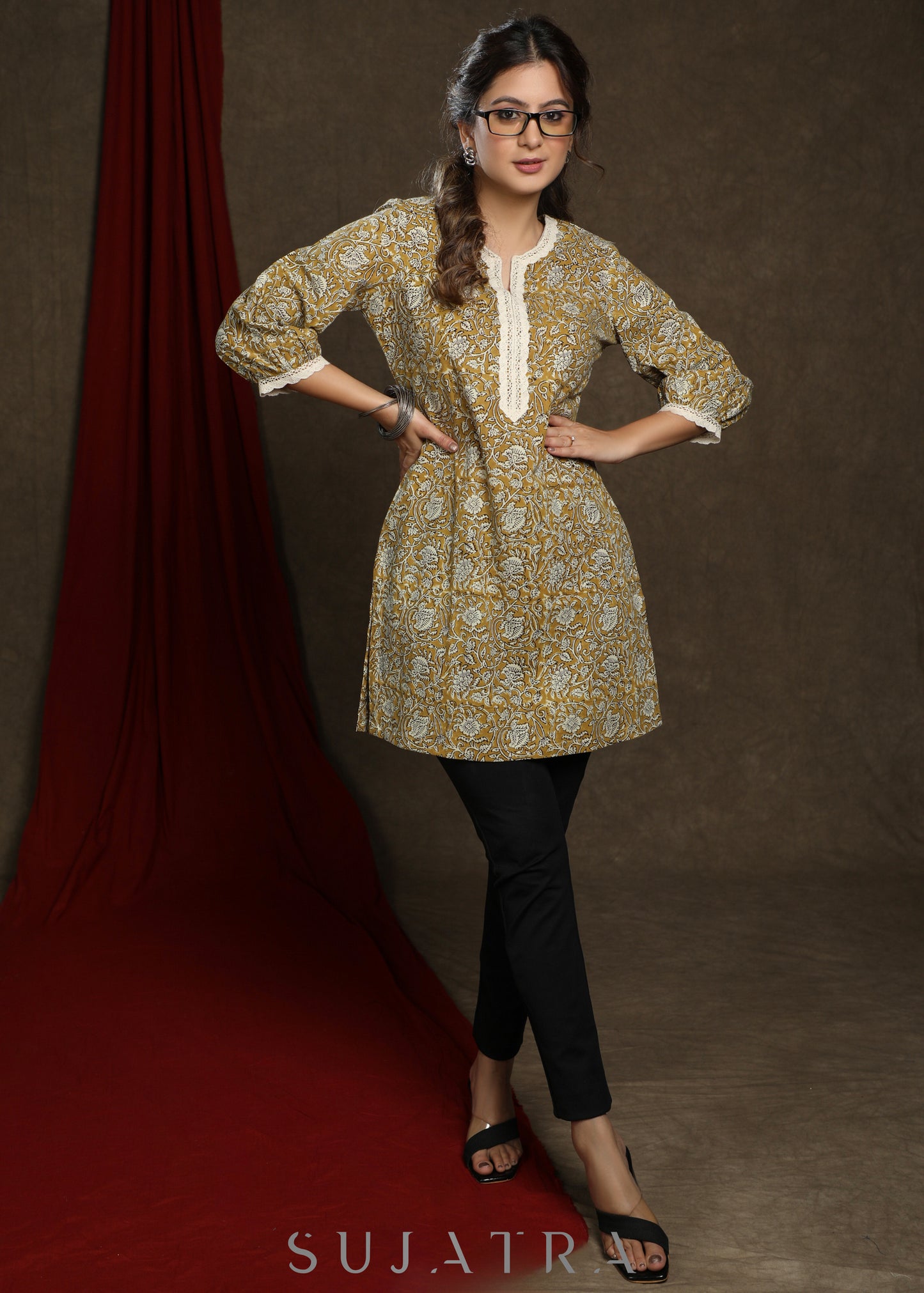 Casual mustard cotton printed tunic highlighted with beautiful lace