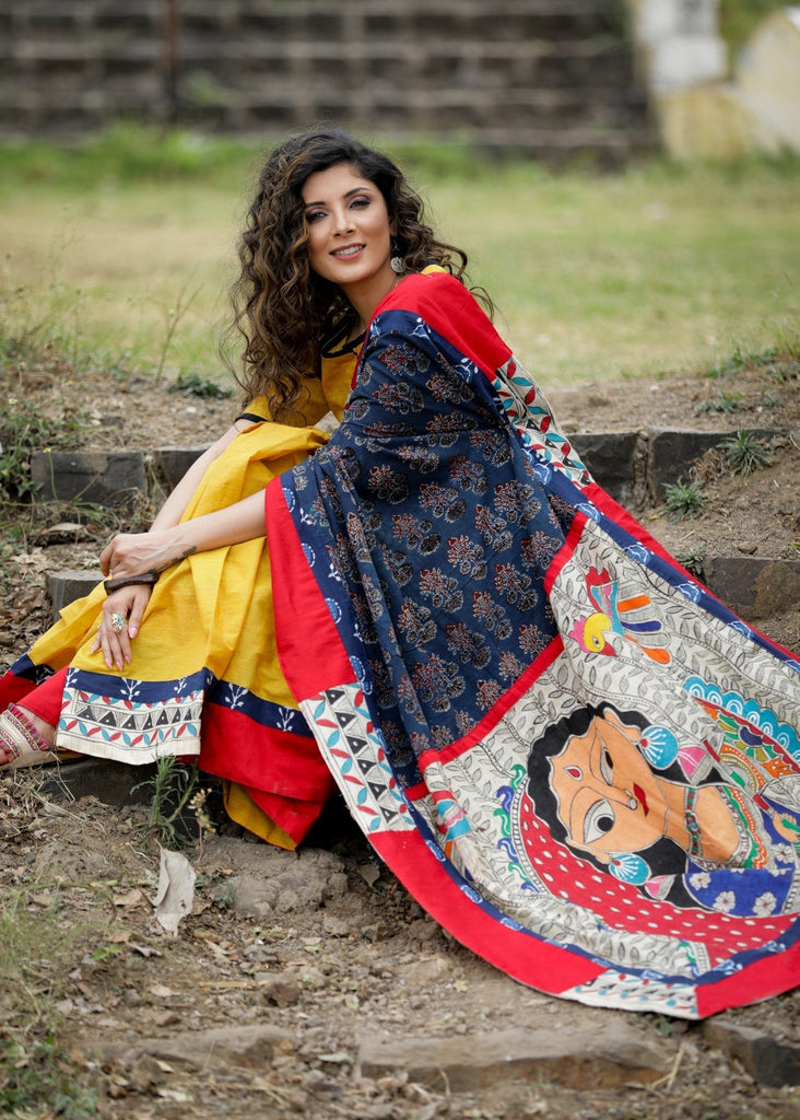 Ajrakh and maroon handloom cotton combination saree with threadwork