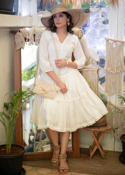 Classy White V- Neck Dress with Inner