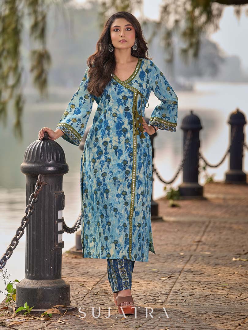 Angarkha-Style Indigo & Olive Kurta with Olive Mirror Detailing and Dori Tie-Up
