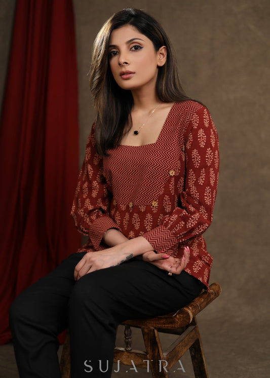 Trendy Maroon Cotton Ajrakh Combination Top with cuff sleeves