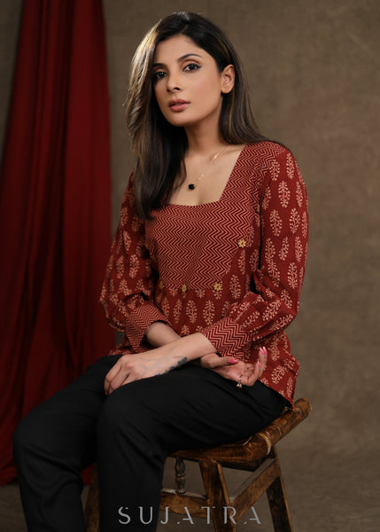 Trendy Maroon Cotton Ajrak Combination Top with cuff sleeves