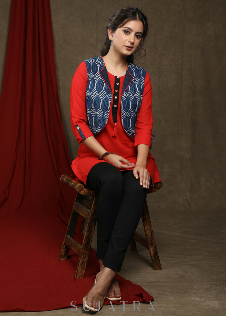 Trendy Red cotton tunic - Indigo shrug Optional