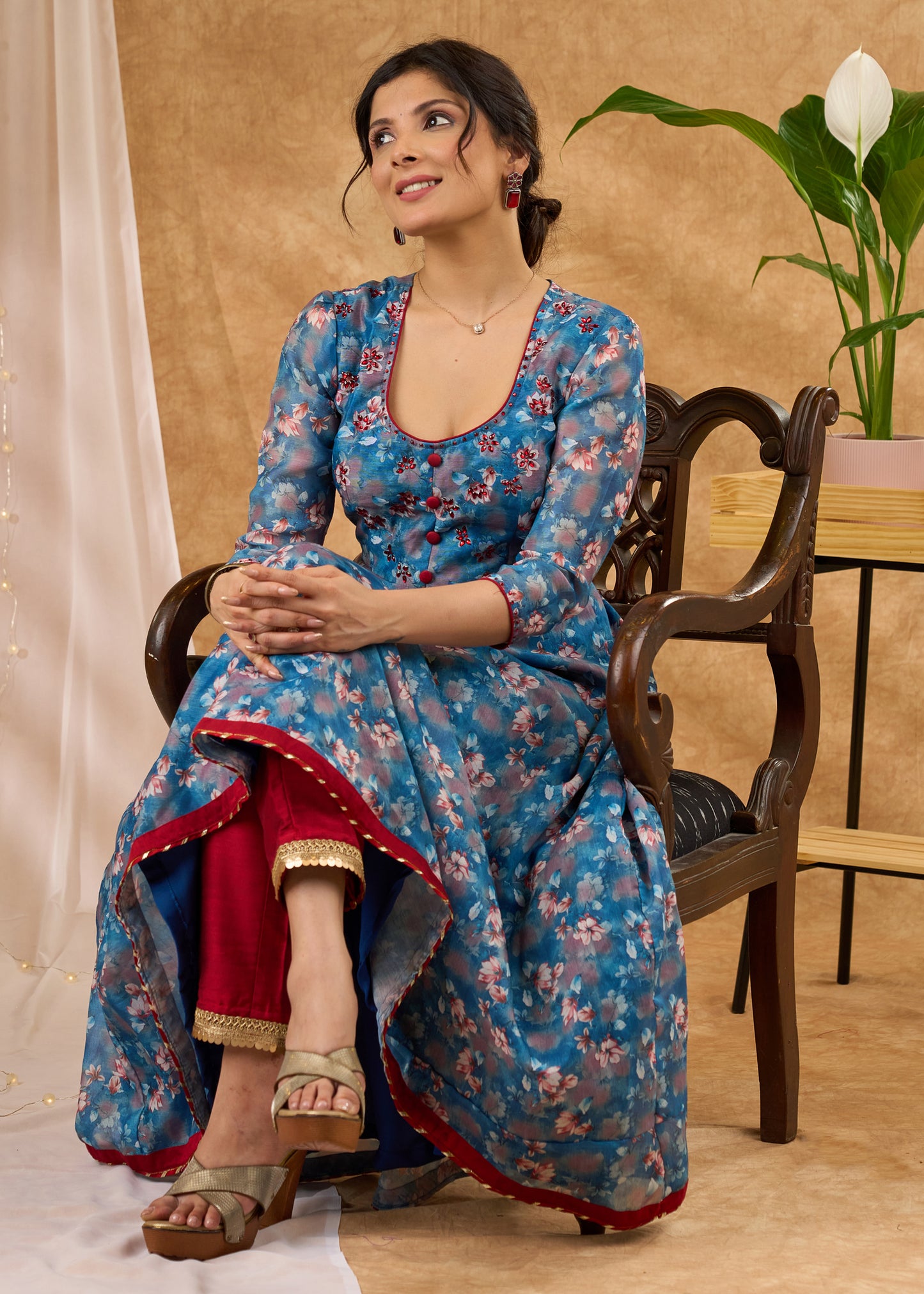 Elegant and smart printed chanderi flared kurta Pant optional