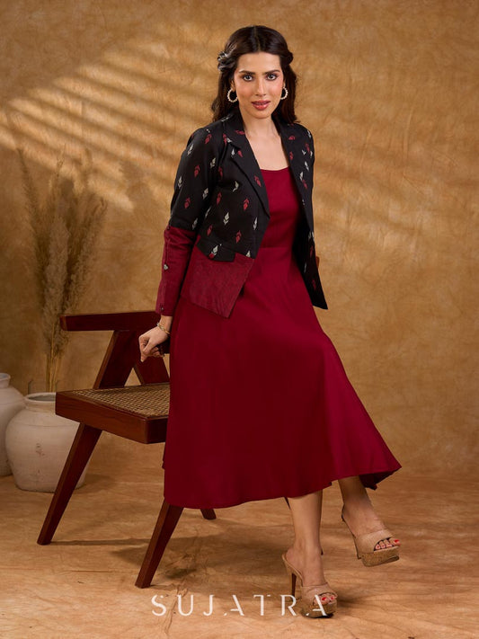 Sharp black and maroon half-and-half Jamdani jacket with functional flap pockets, offering a structured silhouette with bold contrast and refined detailing for elevated corporate styling.