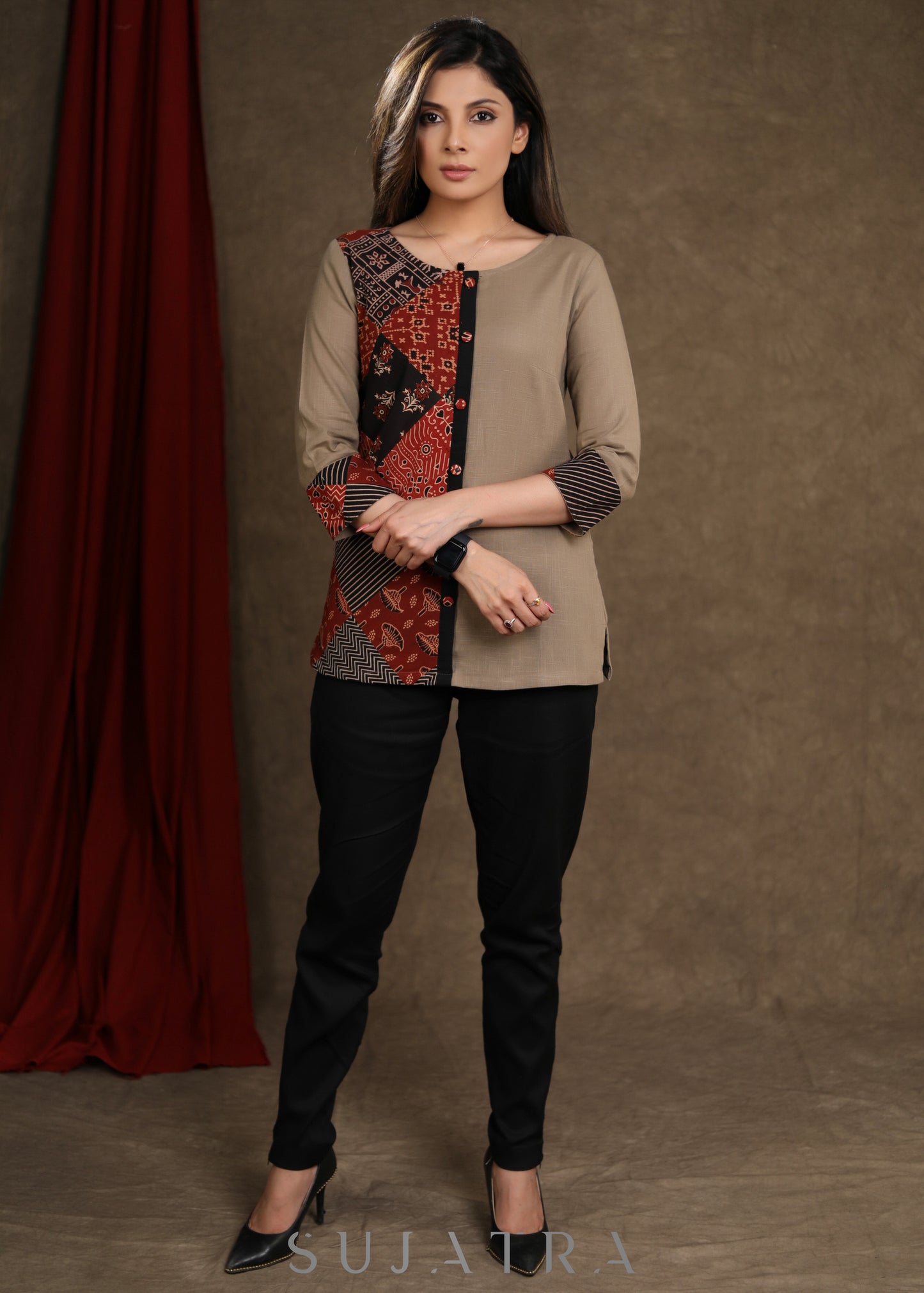 Trendy Ajrakh Patchwork Combination Beige Cotton Top