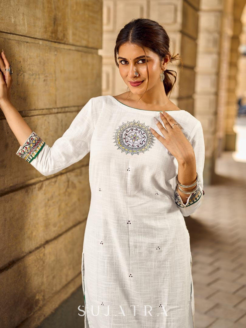 Cultural White Cotton Kurta with Traditional Madhubani Painting on Front & Sleeves