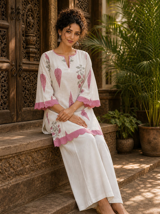 Ivory Straight Cotton Short Kurta with Pink Botanical Block Print & Contrast Scalloped Hem & Sleeve Cuffs