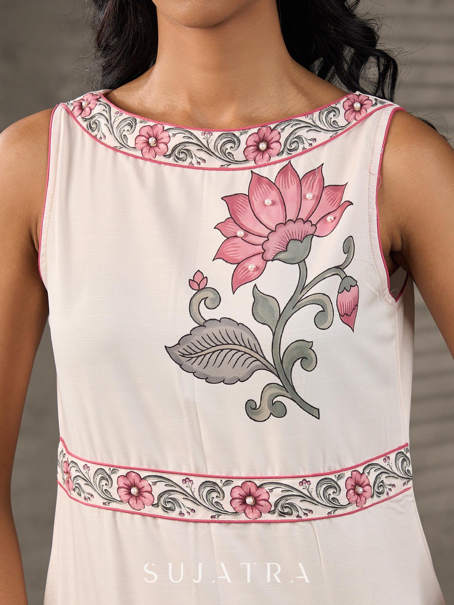 Ivory Floral Pearl Detail Printed Dress with blush pink flowers