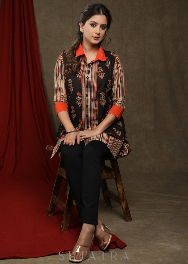 Smart Striped cotton shirt tunic - Ajrakh floral jacket Optional