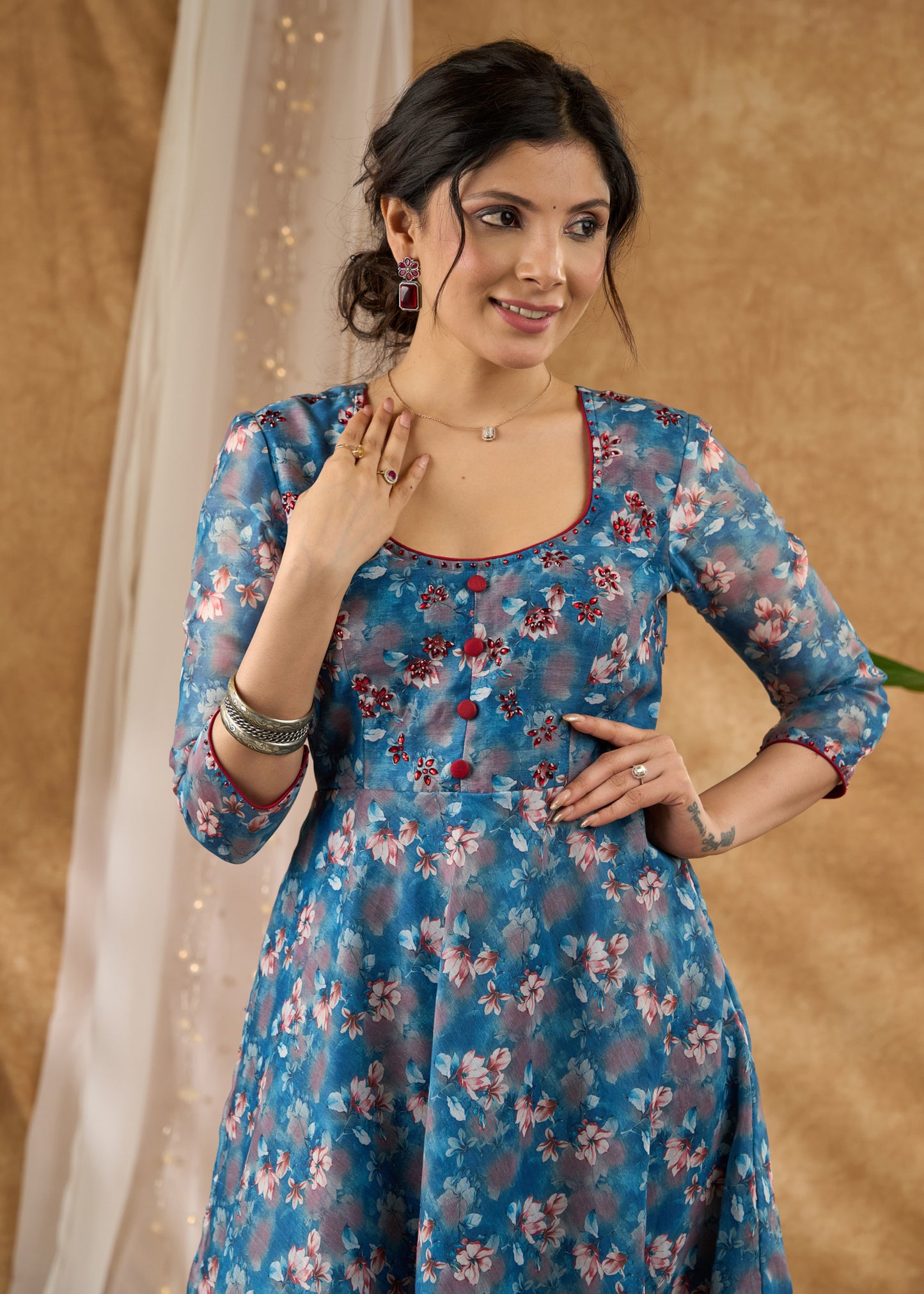 Elegant and smart printed chanderi flared kurta Pant optional
