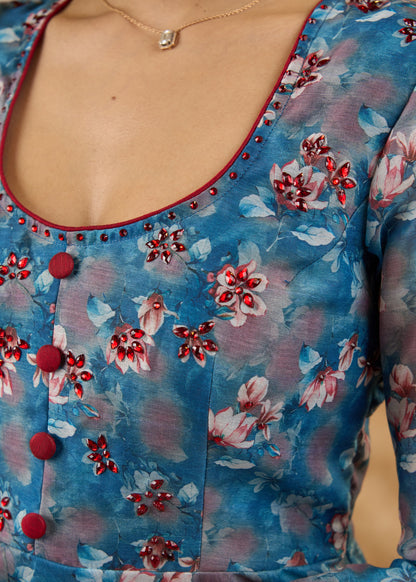 Elegant and smart printed chanderi flared kurta Pant optional