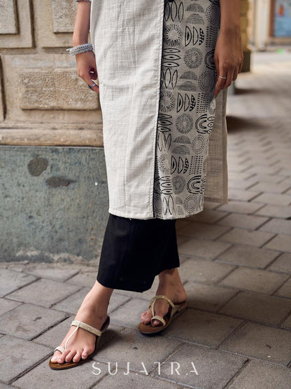 Minimal White Straight Kurta with Monochrome Printed Angrakha Panel & Printed Cuffs