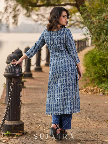 Indigo Printed Kurta with Statement Neck Patch, Flowing Gathers and Pearl Embellished Sleeves