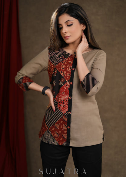Trendy Ajrakh Patchwork Combination Beige Cotton Top