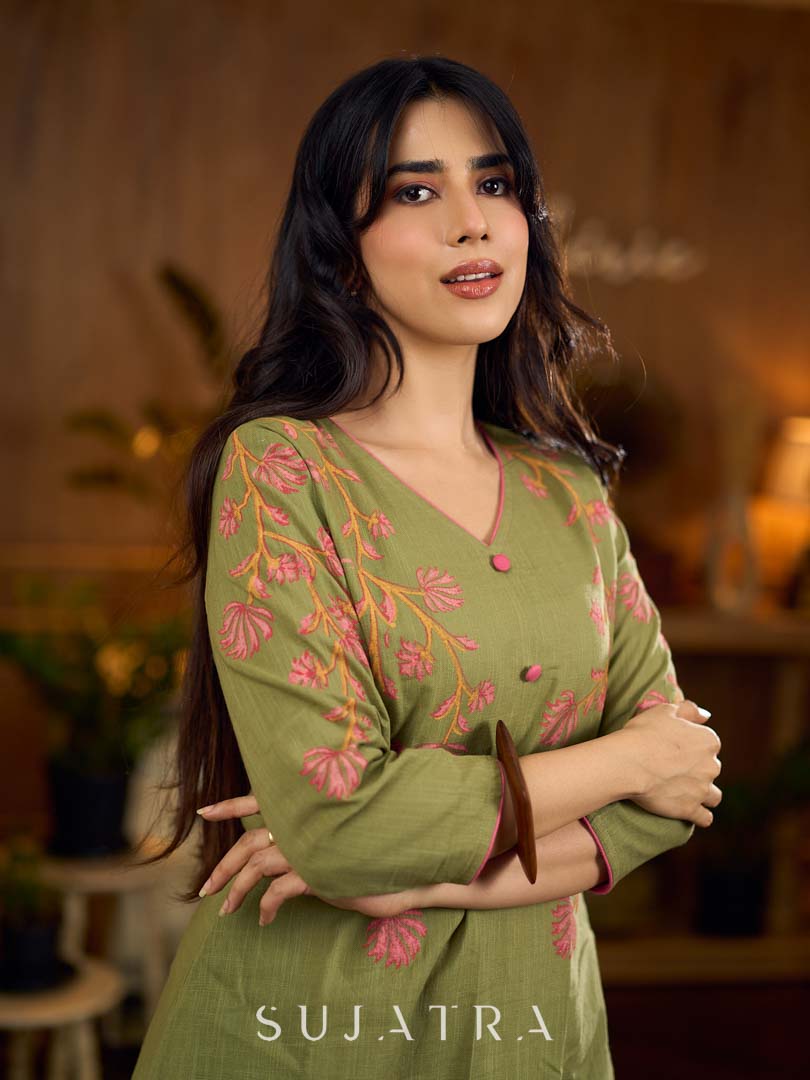 Muted pista hand block printed dress with delicate cascading hand block floral motifs and soft pink accents for a graceful, elegant, and refreshing everyday look.
