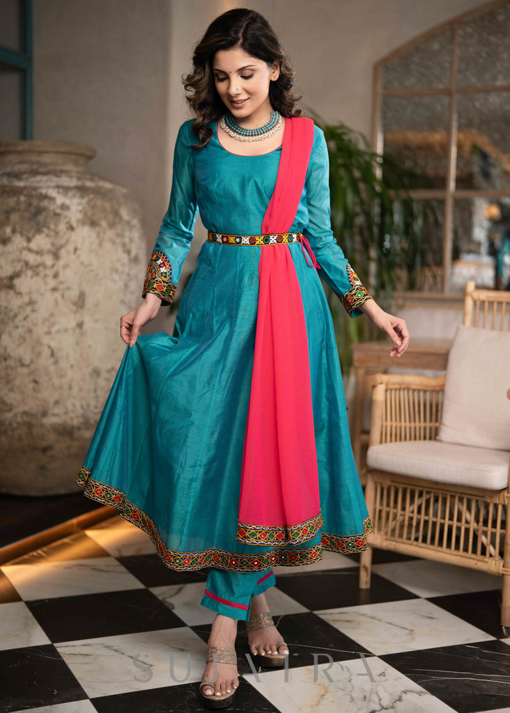 Beautiful Turquoise Chanderi Anarkali Kurta With Mirror Borders & Pant - Dupatta Optional