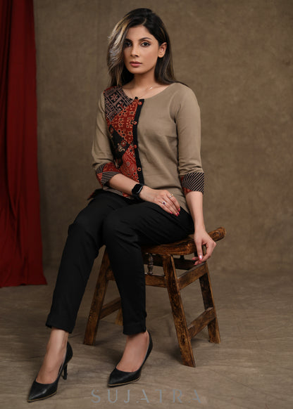 Trendy Ajrakh Patchwork Combination Beige Cotton Top