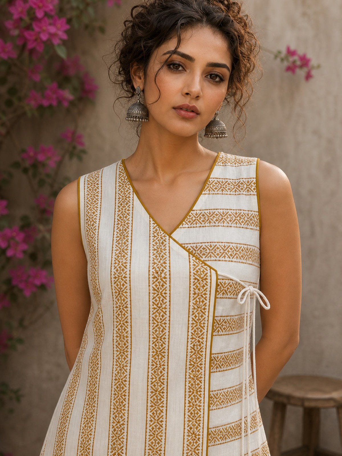 Charming white and mustard sleeveless wrap top featuring a distinctive Block print pattern, elegant mustard piping, and a graceful, contemporary, artisan-inspired tailored silhouette. - Pant Optional