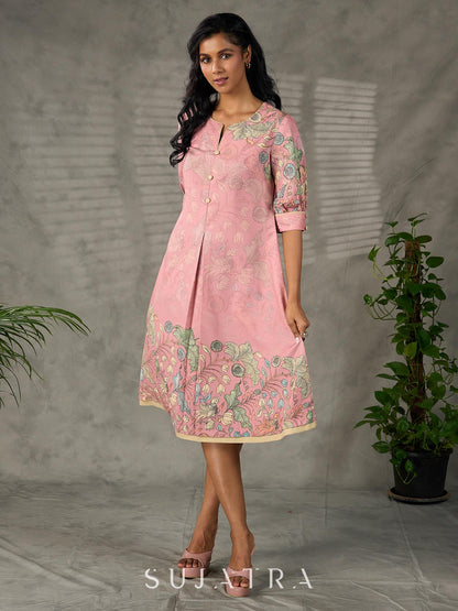 Blush pink Kalamkari printed dress with elegant pleated detailing