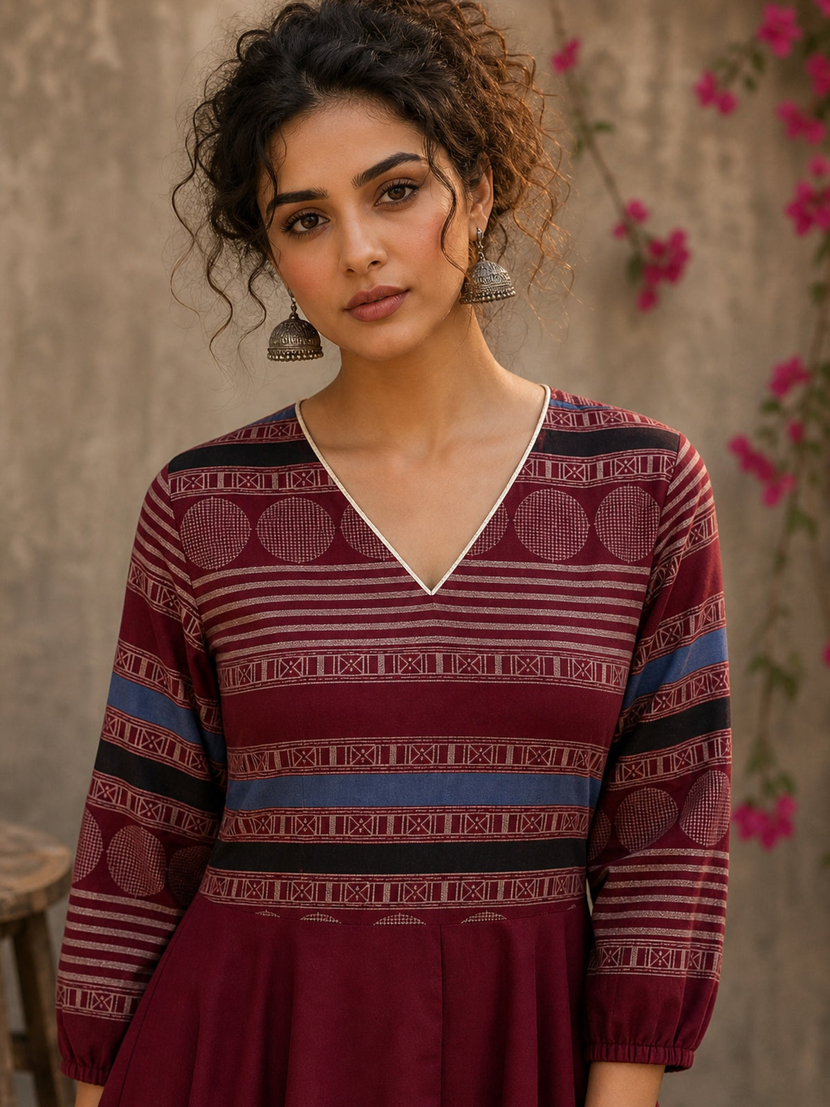 Bold and playful maroon hand block print peplum top with beige geometric motifs and subtle blue accents for effortlessly chic everyday style. - Pant Optional