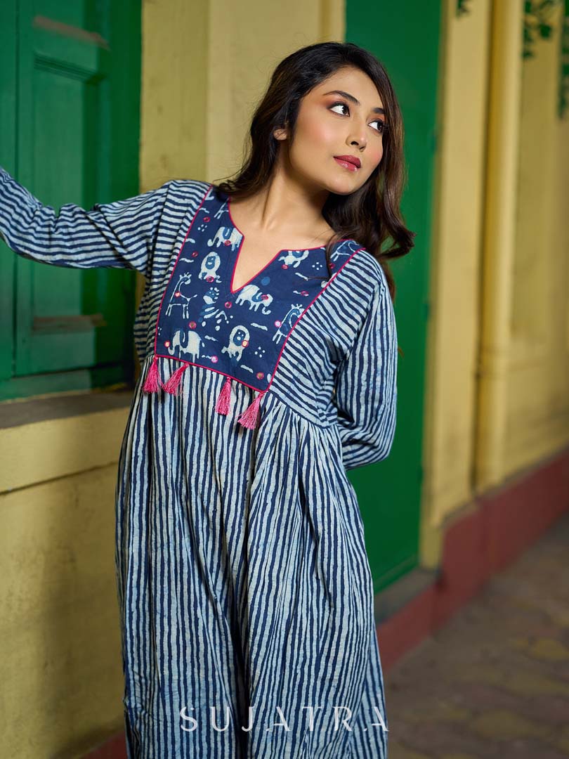 Contemporary Indigo Striped Kurta Featuring Animal Patch Detail, Drop Shoulders and Magenta Mirror Accents