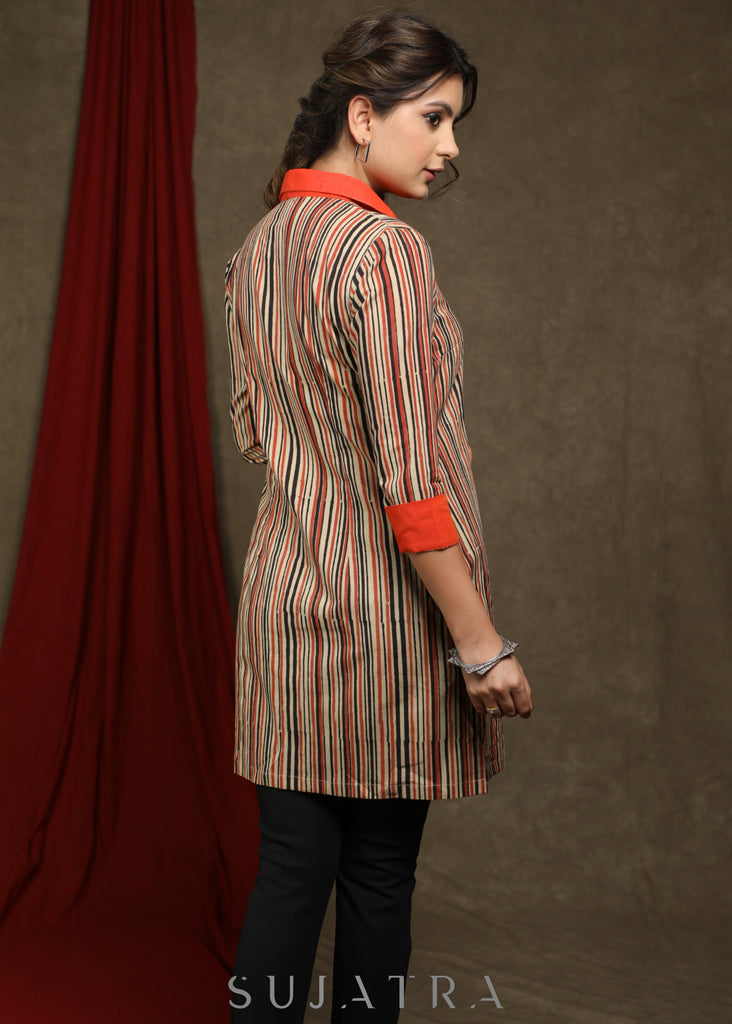 Smart Striped cotton shirt tunic - Ajrakh floral jacket Optional