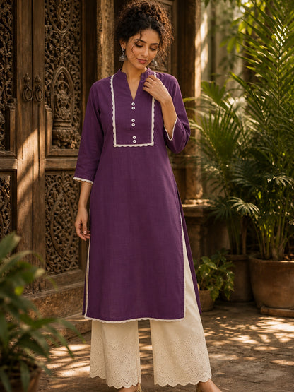 Deep Purple Kurta with White Crochet Lace Yoke Border & Sleeve Cuff Detail