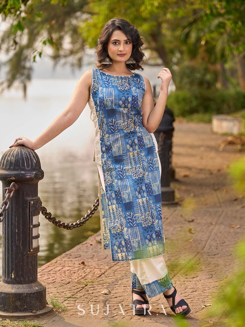 Indigo Abstract Printed Kurta with Side Cut Panels, Hakoba Inserts and Pearl Embellishments
