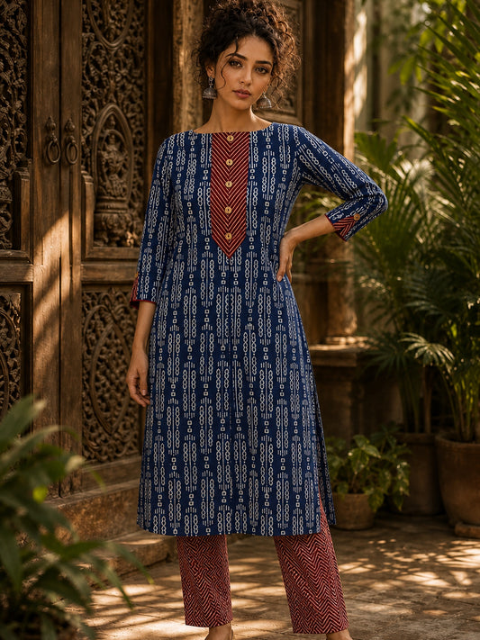Indigo Dabu Print Kurta with Contrast Ajrakh Rust Chevron V-Placket & Matching Cuff Detail