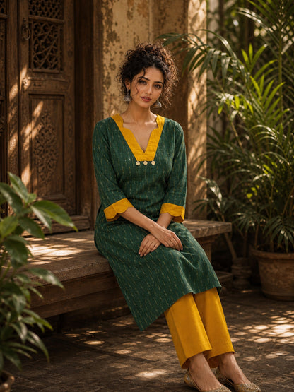 Classic Green Ikat Cotton Straight Kurta with Contrast Mustard V-Neckline & Scalloped Cuff Band