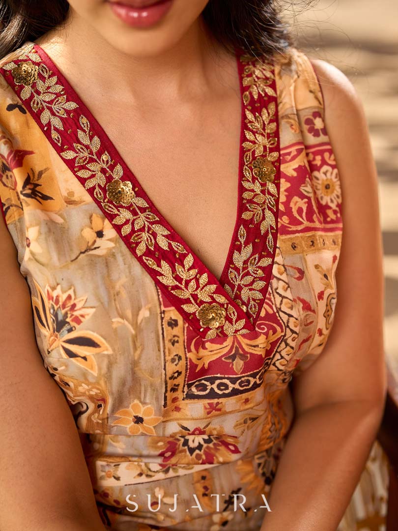 Graceful cream all-over printed kurta adorned with an overlapping maroon zardozi-embroidered neckline and bold maroon detailing. - Pant Optional