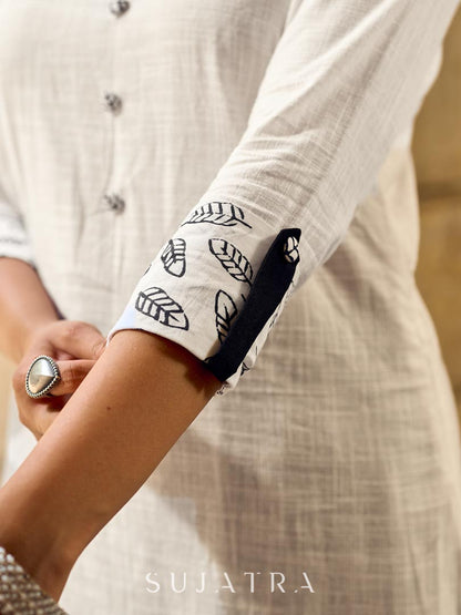 Classic White Cotton Kurta Featuring Black Leaf Vine Embroidery & Printed Sleeve Detail