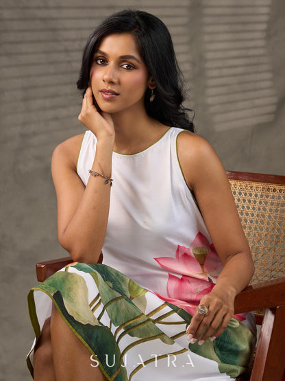 Graceful White lotus printed dress with elegant olive accents.