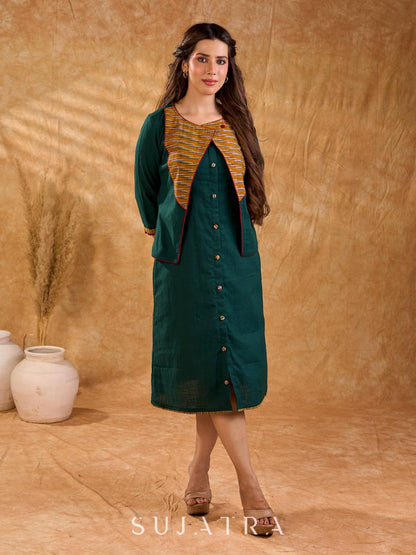 Sophisticated bottle green and mustard Ikat jacket featuring an overlapping neckline closure, front-open design, and rich maroon accents, offering a composed, tailored silhouette for corporate wear.