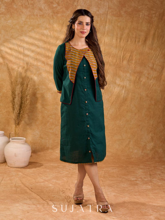 Sophisticated bottle green and mustard Ikat jacket featuring an overlapping neckline closure, front-open design, and rich maroon accents, offering a composed, tailored silhouette for corporate wear.