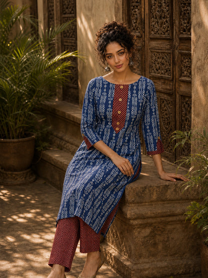 Indigo Dabu Print Kurta with Contrast Ajrakh Rust Chevron V-Placket & Matching Cuff Detail