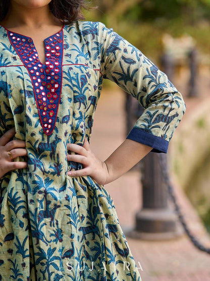 Artisan Indigo Kurta with Animal Motifs, Overlapping Neck and Handcrafted Maroon Mirror Detailing