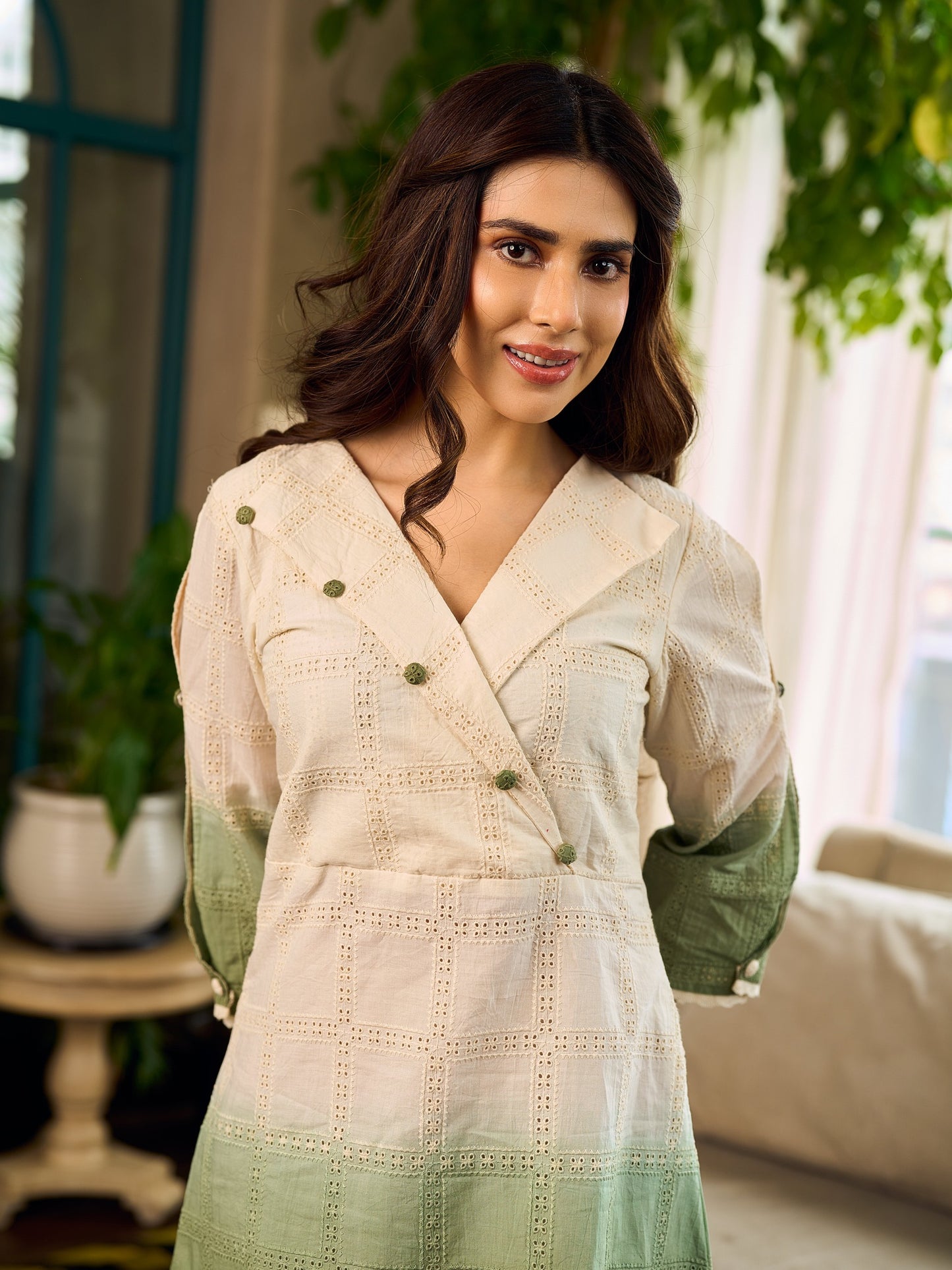 Serene ivory and sage green ombré overlap hakoba dress with olive button accents.