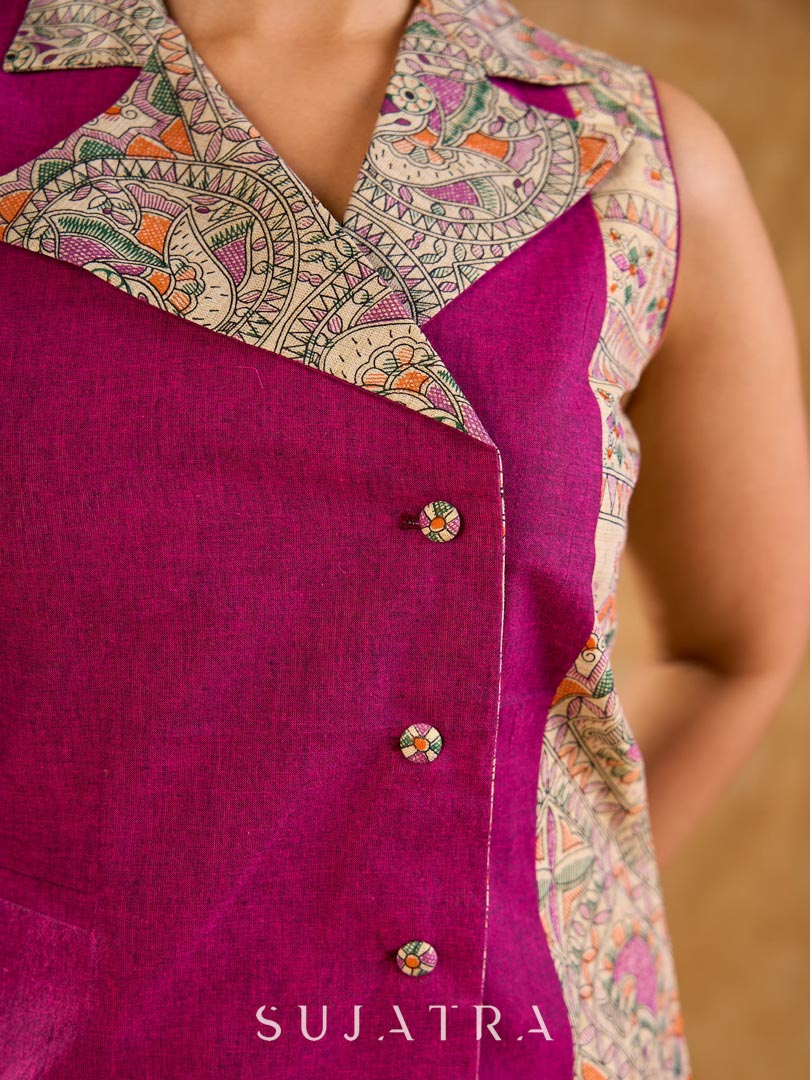Elegant Madhubani jacket featuring magenta panels, asymmetrical closure, and a notch collar, enhanced with matching accents for a clean, tailored silhouette ideal for elevated corporate wear. - Dress Optional