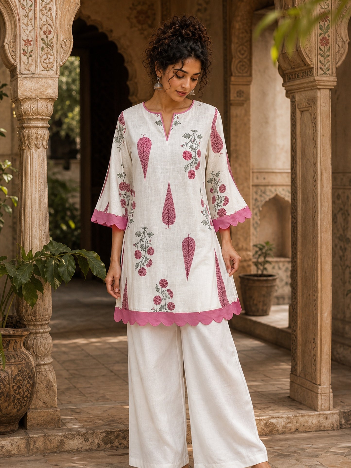 Ivory Straight Cotton Short Kurta with Pink Botanical Block Print & Contrast Scalloped Hem & Sleeve Cuffs