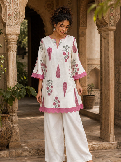 Ivory Straight Cotton Short Kurta with Pink Botanical Block Print & Contrast Scalloped Hem & Sleeve Cuffs