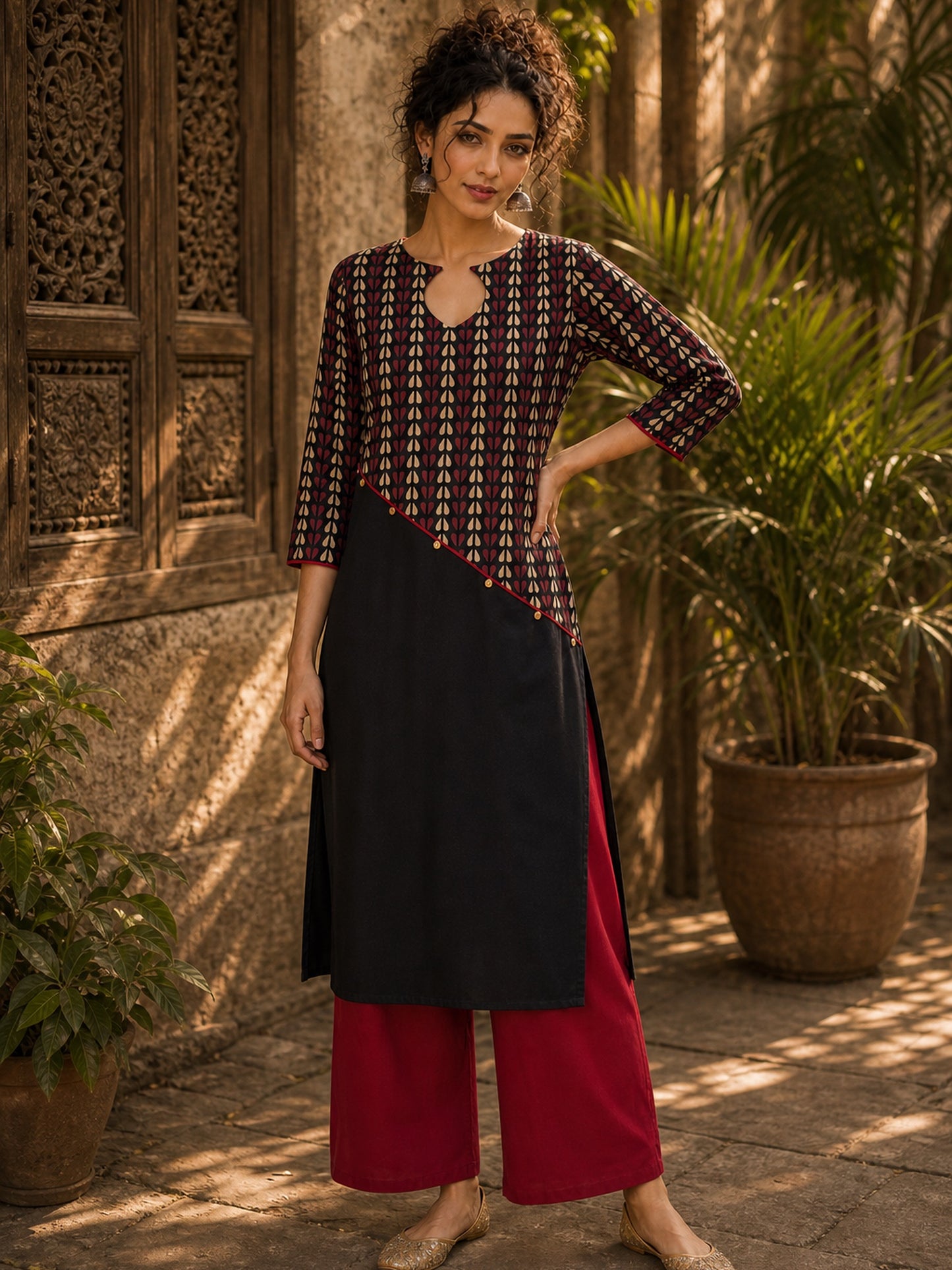 Black Cotton Kurta with Ajrakh Printed Asymmetrical Panel and Coin Detailing