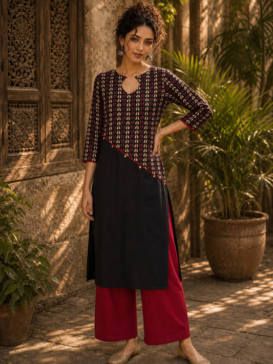 Black Cotton Kurta with Ajrakh Printed Asymmetrical Panel and Coin Detailing