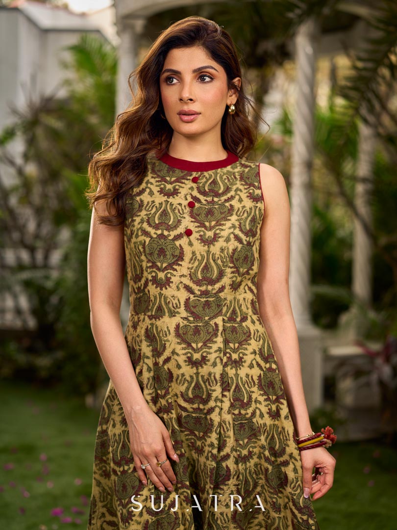 Graceful natural-printed halter dress elevated with subtle maroon highlights.