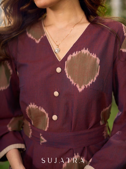 Elegant wine-purple Ikat dress with flowy sleeves, finished with a belt for a softly cinched silhouette.