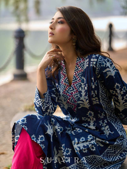 Indigo Floral Kurta with Playful Stripe Print and Magenta Hand Mirror Work on Overlapping Neckline